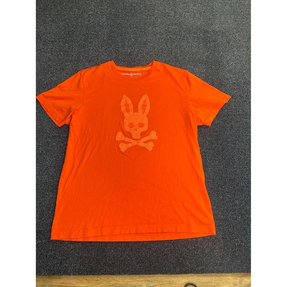 Psycho Bunny Mens Orange Pima Cotton Graphic Tee Tonal Bunny Logo Size 5 Medium